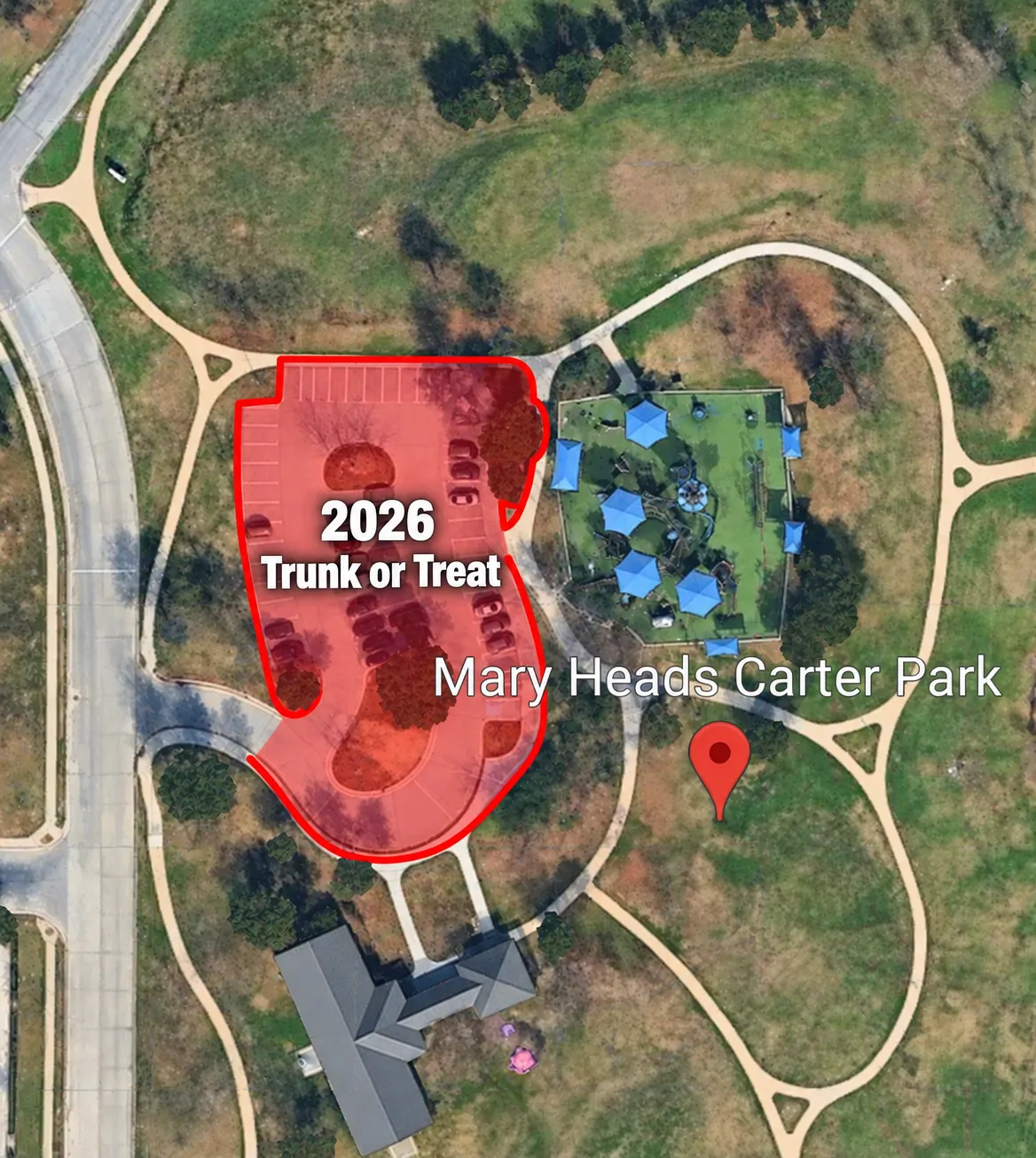 Aerial map of Mary Heads Carter Park with the Trunk or Treat parking lot outlined in red, beside the playground